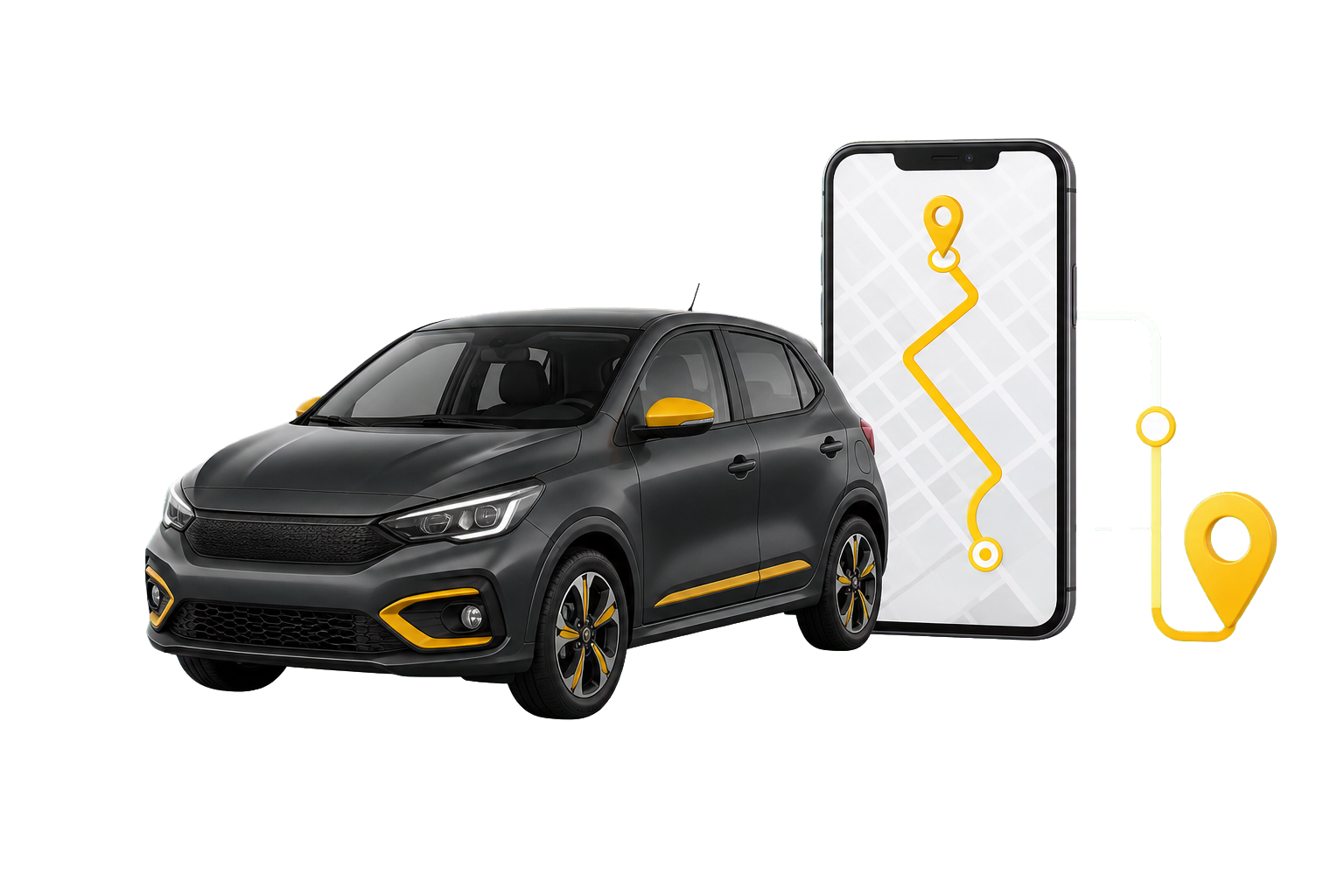 Carro conectado a um aplicativo de mobilidade com rota